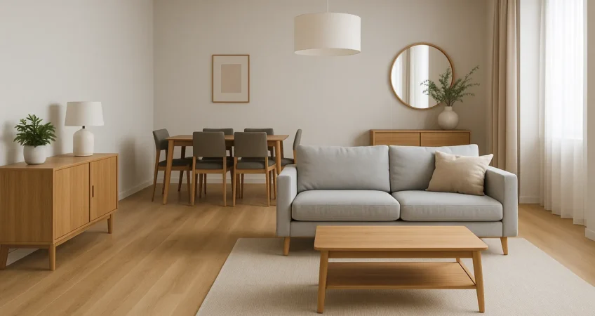 صورة لأثاث شقة كاملة مفروشة تشمل غرفة معيشة وطاولة سفرة، تستخدم في قسم شراء أثاث شقق كاملة في الجهراء.