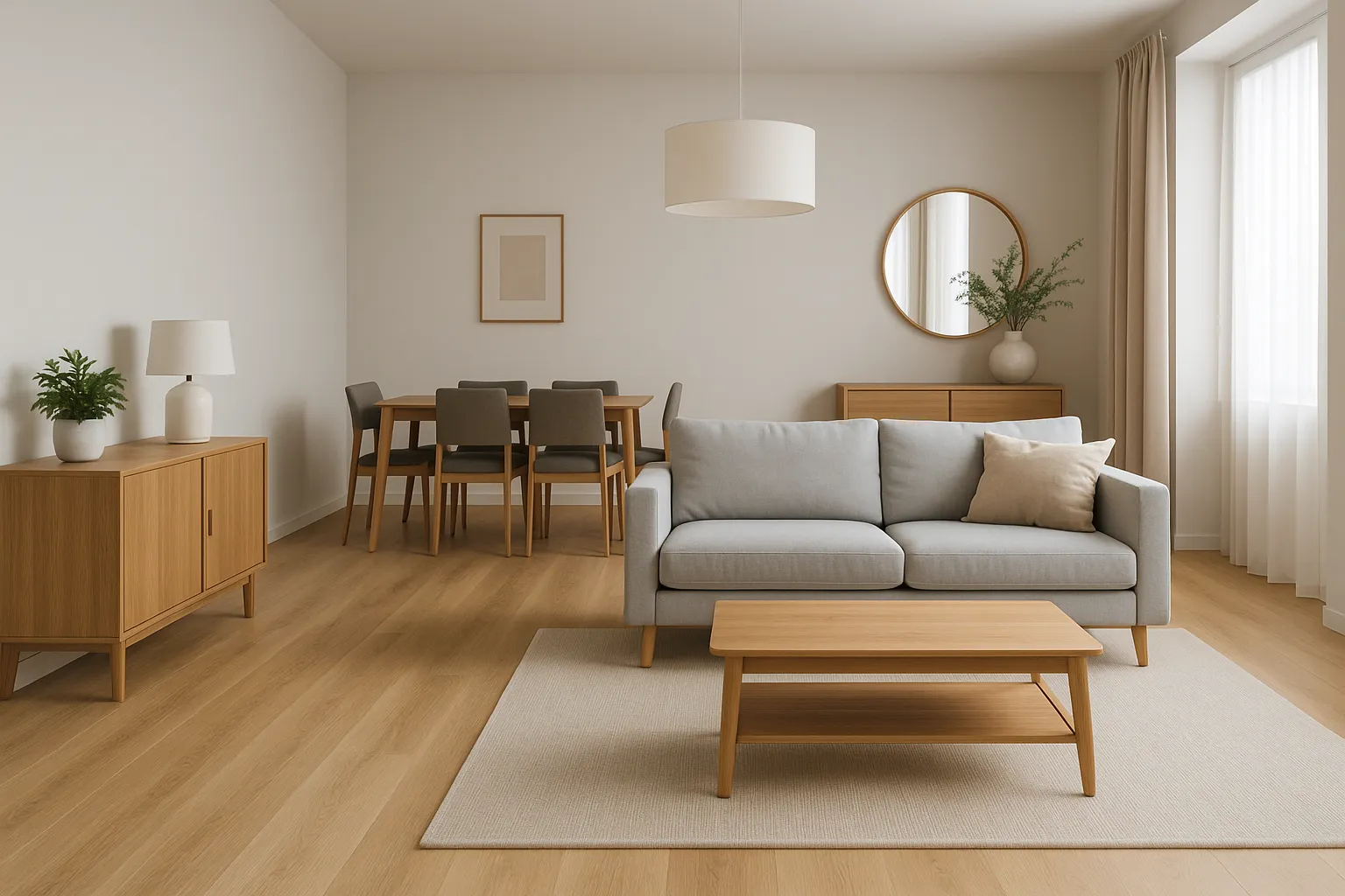 صورة لأثاث شقة كاملة مفروشة تشمل غرفة معيشة وطاولة سفرة، تستخدم في قسم شراء أثاث شقق كاملة في الجهراء.