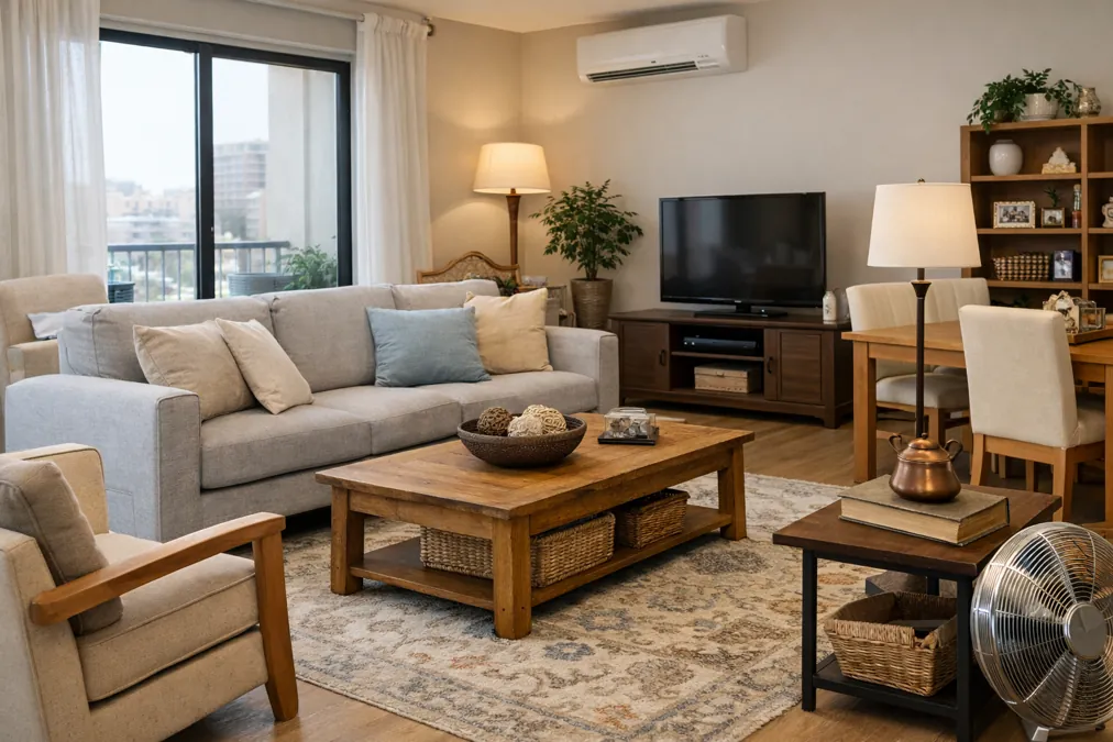 صورة توضح شراء أثاث مستعمل في السالمية تشمل كنب وطاولات وأثاث منزلي بحالة جيدة داخل شقة