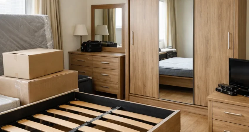 صورة غرفة نوم مستعملة جاهزة للبيع تشمل سرير ودولاب وتسريحة داخل شقة بالكويت .. شراء غرف نوم مستعملة .. نشتري غرف نوم مستعملة