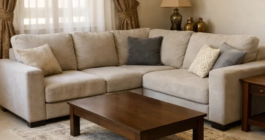 كنب حرف L مستعمل داخل منزل كويتي مع خدمة شراء كنب مستعمل بالكويت