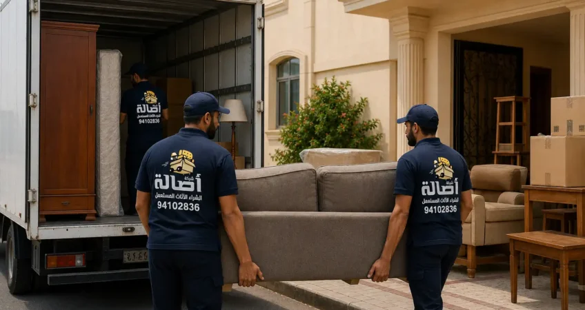 شراء اثاث مستعمل الضجيج .. فريق شركة أصالة يحمل أثاثًا مستعملًا لتحميله في شاحنة مخصصة لشراء الأثاث المستعمل في الكويت مع خدمة نقل سريعة وآمنة.